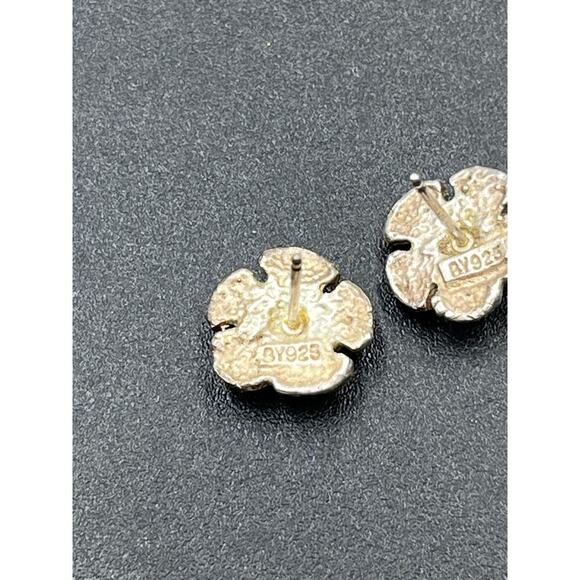 BY 925 Signed Sterling Silver Etched Rose Diamond Cut Flower Stud Earrings - Picture 7 of 13